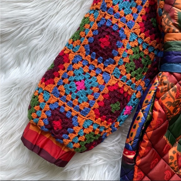FARM RIO Patchwork Tapestry Crochet-Sleeve Puffer Jacket Coat Small NWT - Picture 7 of 14